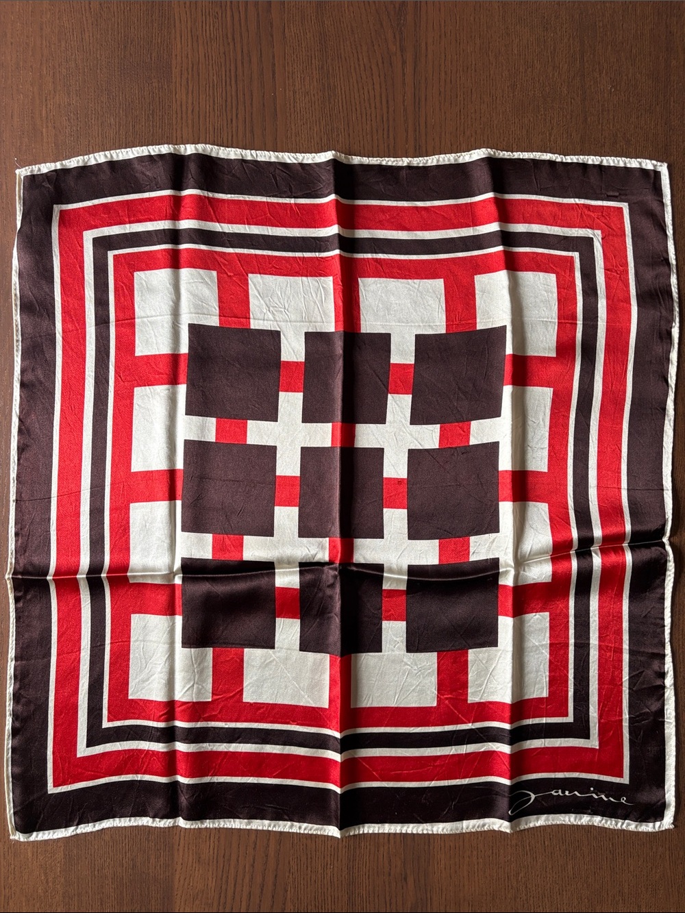 JANINE - Silky 70s Geometric Print Scarf in Red, Brown & Cream - Designer Style - Picture 4 of 6